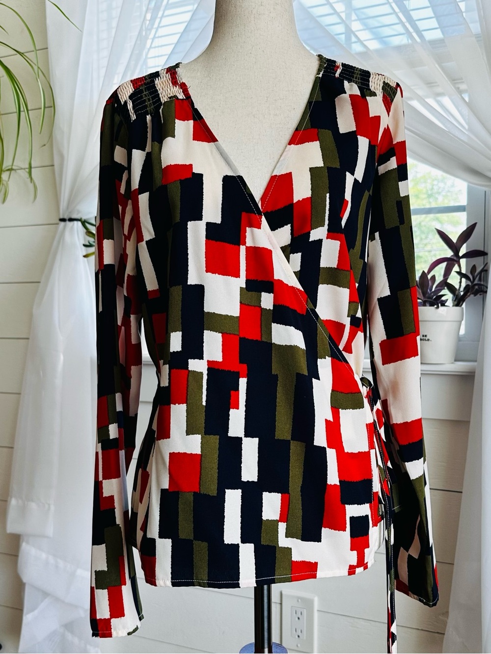 VICI Retro-Inspired Colorblock Wrap Long Sleeve Blouse. 
Size: Medium